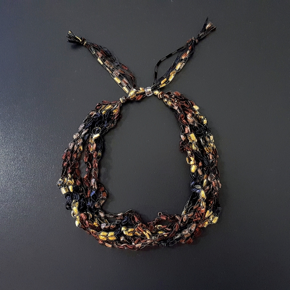 Statement Ribbon Strand Necklace Black Gold Brown NWOT